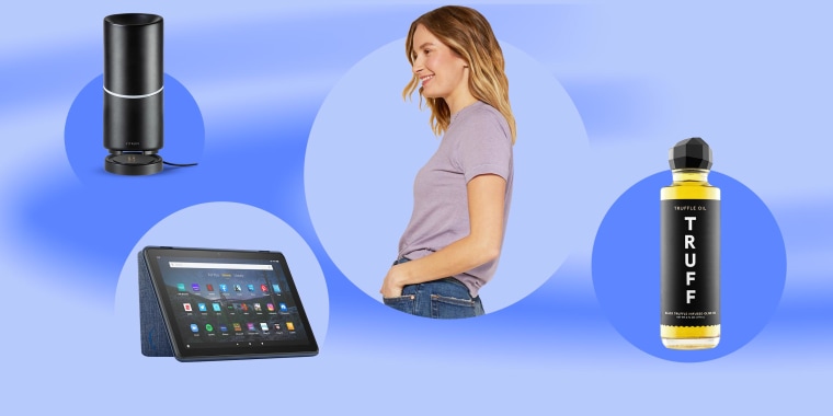 Illustration of a Woman wearing a Second spin lightweight t-shirt, Vitruvi oil blends and portable diffuser, black Truff Tuffle Oil, and the new Amazon Fire HD 10