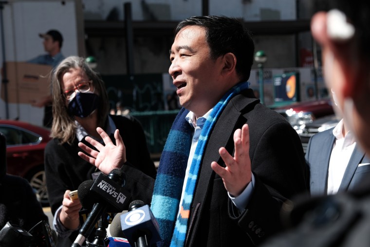 Image:  New York Mayoral Candidate Andrew Yang speaks to members of the media along Canal Street in Chinatown on April 5, 2021 in New York City.