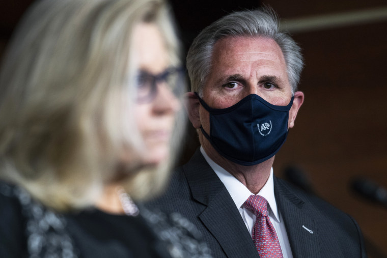 House Minority Leader Kevin McCarthy, R-Calif., and Republican Conference Chair Liz Cheney, R-Wyo., speak to the media on Capitol Hill on Sept. 23, 2020.