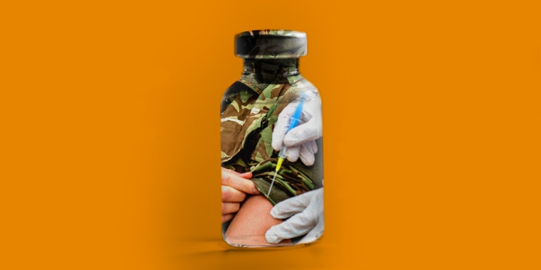 Photo illustration: A vial with an image of a military officer's arm getting vaccinated.