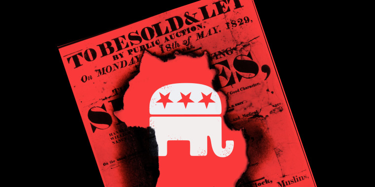 Photo illustration: The GOP logo behind a burnt hole in a poster for a slave auction.