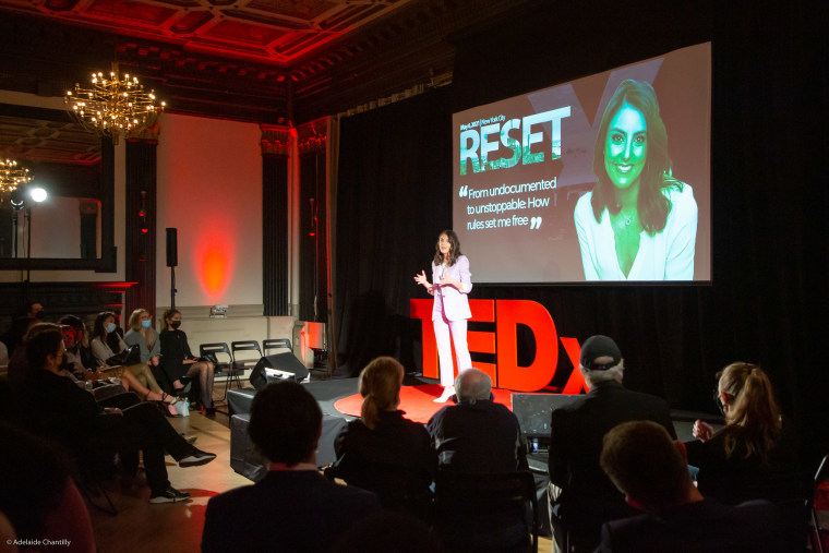 Daniela Pierre-Bravo speaking at a TedX event in New York City on Thursday.