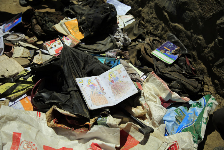 Books, notebooks and other school supplies are left behind after deadly bombings on Saturday near a school in Kabul, Afghanistan, on May 9, 2021.