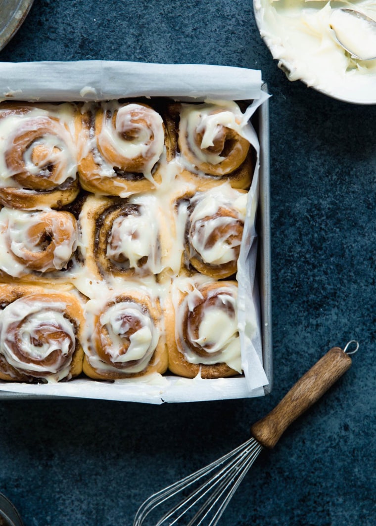 The cinnamon roll recipe Dylan used comes from the Ambitious Kitchen blog.