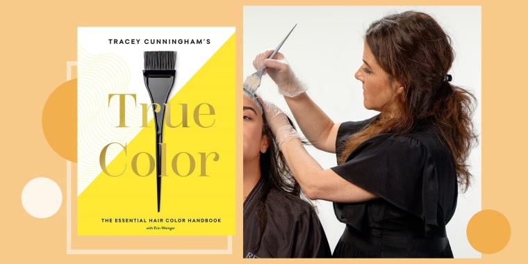 Illustration of Tracey Cunningham coloring someones hair and her book True Color