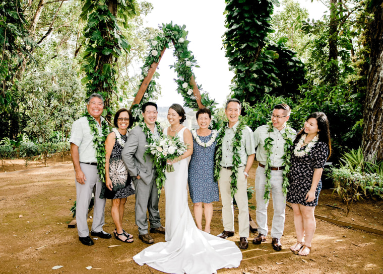 Leis were a big part of this couple's Hawaiian wedding.