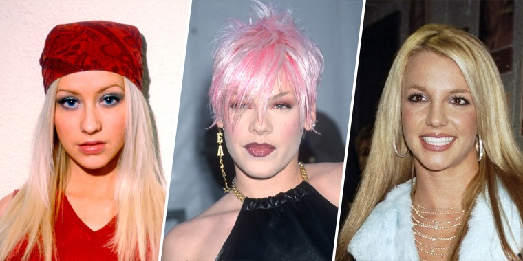 Pink, center, Christina Aguilera, left, and Britney Spears, during the early 2000s.