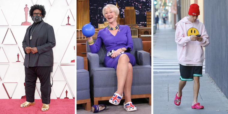 Three images of Questlove at the 93rd Annual Academy Awards, Actress Helen Mirren during an interview with host Jimmy Fallon, and Justin Bieber all wearing crocs