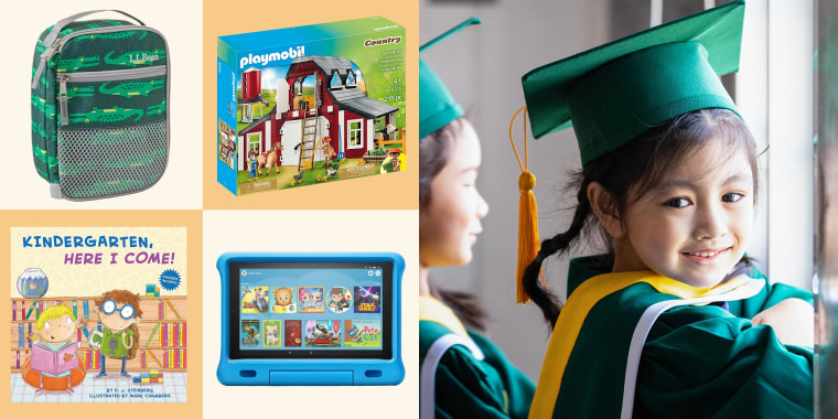 Illustration of a little girl wearing a graduation cap and gown while standing inside school, a lunch box, board game, book and Amazon Kindle