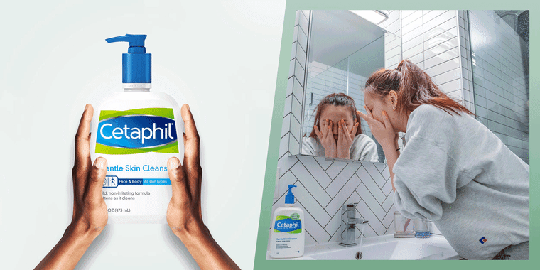 Illustrated gif of Kala Herh washing her face using Cetaphil  and two hands holding bottle of Gentle Foaming Cleanser. The Cetaphil Gentle Skin Cleanser has been my skin cleanser of choice for years. Learn why I use this gentle Cetaphil cleanser and where