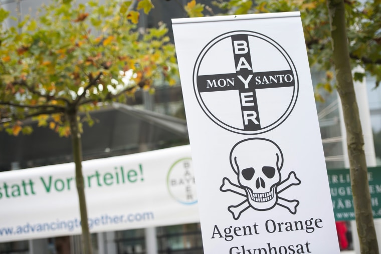 Image: A protest at the Bayer headquarters in Leverkusen, Germany, in 2016.