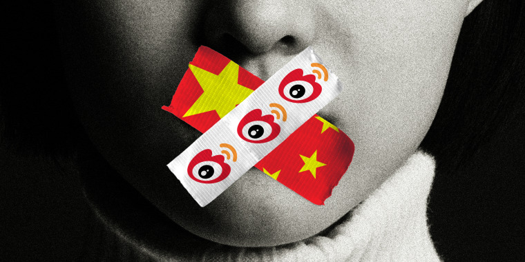 Photo illustration: Close-up of a mouth covered by two tapes, one has the Chinese flag while the other has the Weibo logos repeated.