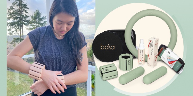 Illustration of different Bala products in green and editor Alicia Tan putting on her Bala Weights