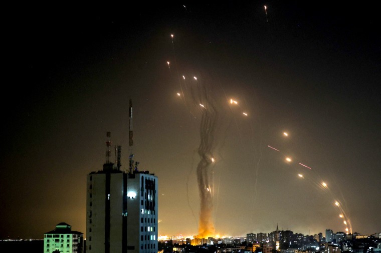 Image: A rocket launched from Gaza city controlled by the Palestinian Hamas movement, is intercepted by Israel's Iron Dome aerial defense system, on May 11, 2021.