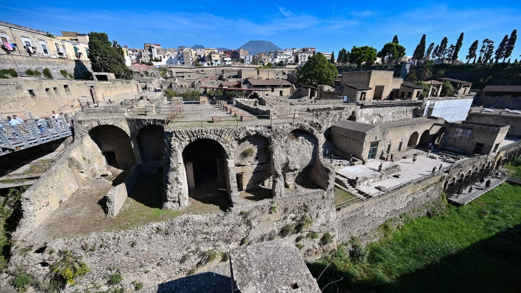 Image: The archaeological site of Herculaneum in Ercolano, near Naples, with the Mount Vesuvius volcano in the background, Italy.