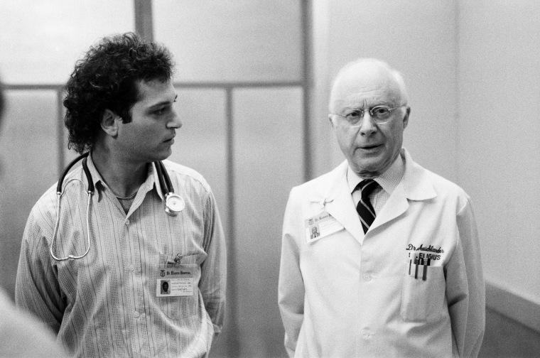 Norman Lloyd as Dr. Daniel Auschlander, right, and Howie Mandel as Dr. Wayne Fiscus in "St. Elsewhere."