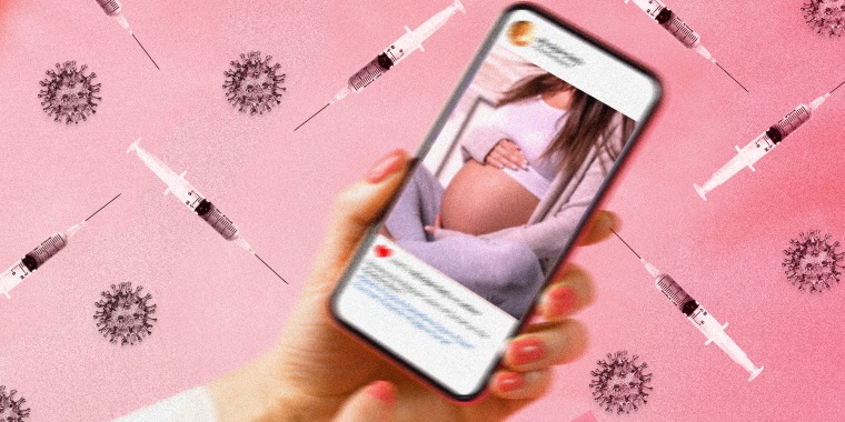 Photo illustration: A hand holding a phone open on an image of a prgenant belly on social media is surrounded by vaccines and Covid-19 spores.