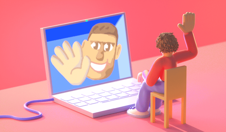 Illustration of people waving to one another over a video call on a laptop.