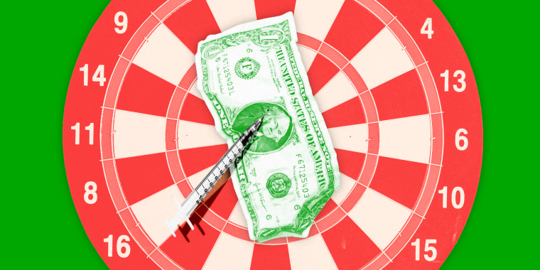 Illustration of a dollar bill being pinned to a darts board by a vaccination syringe.