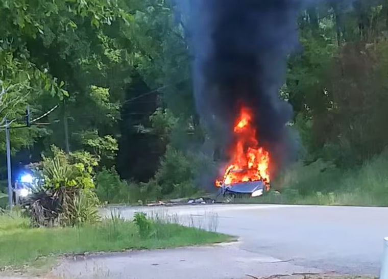 A car caught fire after a police chase in Pickens County, S.C., ending in a woman's arrest on Thursday May 14, 2021.