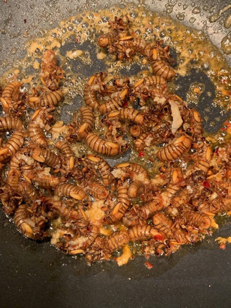 Franzo fries cicadas up in a little sesame oil with garlic and chiles and washes them down with a cold beer. 