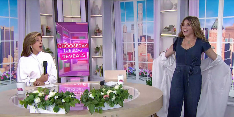 Jenna Bush Hager shows Hoda Kotb the denim jumpsuit she is wearing on broadcast