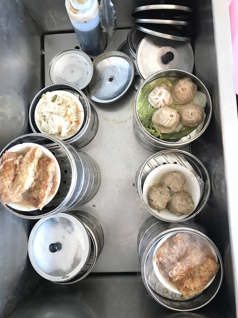 The view inside a dim sum cart.