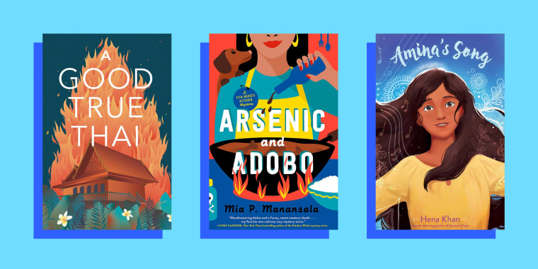 Illustration of three different AAPI books against a blue background. A Good True Thai, Arsenic and Adobo and Amina's Song. Read books by Asian American authors to learn more about the diverse Asian American experience. Noteworthy books for 2021 include f
