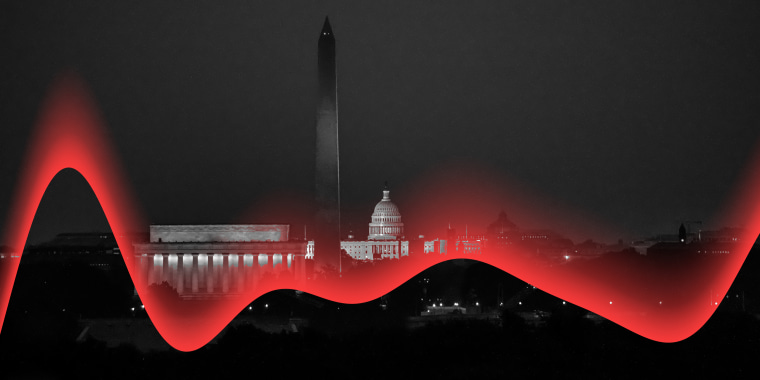 Photo illustration: A red wave passes over the aerial view of Washington D.C.