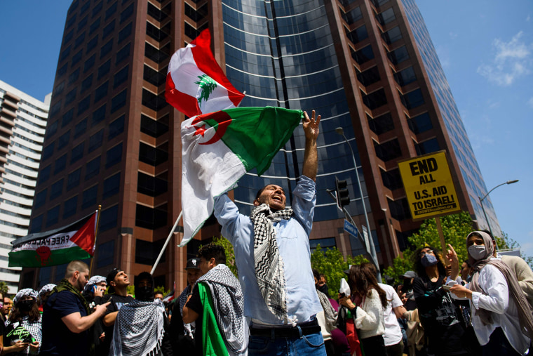 Image: People demonstrate in support of Palestinians during a protest outside the Israeli consulate in Los Angeles on May 15, 2021.