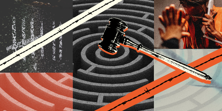 Photo illustration: A gavel over an endless circular maze, barbed wire passing across the image, a person in reaches out to another person while holding a phone.
