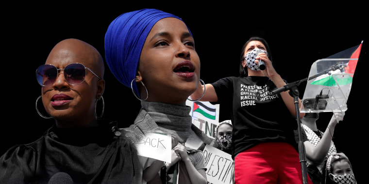 Photo collage: Rep. Ayanna Pressley; Rep. Ilhan Omar; Rep. Rashida Tlaib at a pro-Palestinian protest.