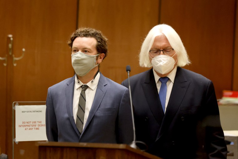 Actor Danny Masterson stands with his lawyer Thomas Mesereau as he is arraigned on rape charges at Clara Shortridge Foltz Criminal Justice Center on Sept. 18, 2020 in Los Angeles.