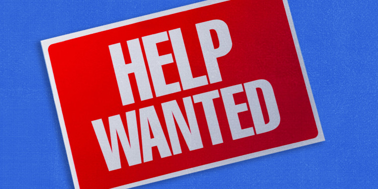 Photo illustration: A titled \"Help Wanted\" sign on a blue background.