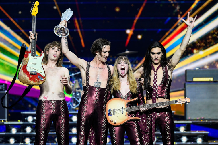 Maneskin of Italy appear on stage after winning the 2021 Eurovision Song Contest in Rotterdam, Netherlands, on May 23, 2021.