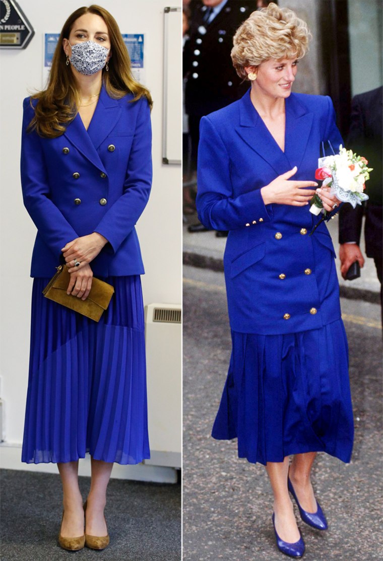 Former Kate Middleton wears blue blazer and skirt in a possible nod to Princess Diana.