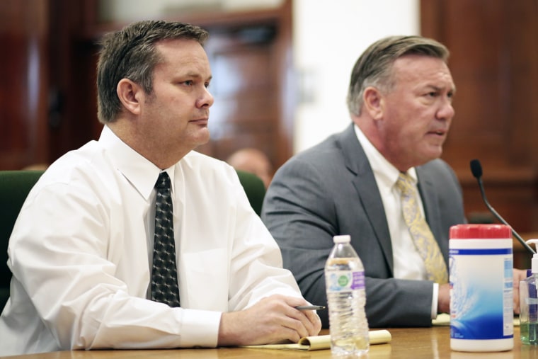 Chad Daybell, left, sits with his defense attorney John Prior during his preliminary hearing in St. Anthony, Idaho, on August 4, 2020.
