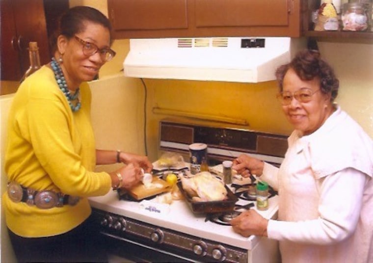 Harris cooking with her mother, Rhoda, in 1995.