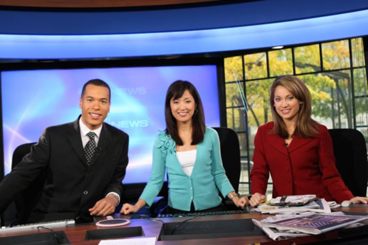 From left to right: Alex Perez, Ellee Pai Hong and Ginger Zee anchor the morning news in Chicago in 2008.