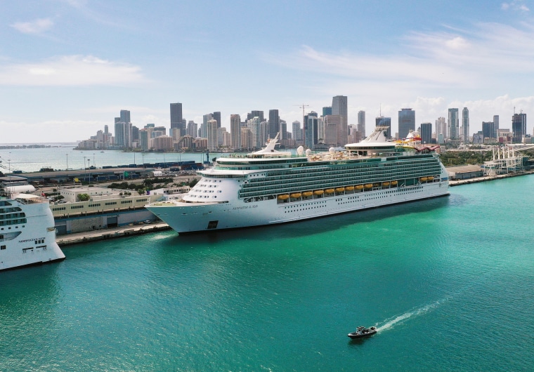 Royal Caribbean's Navigator of the Sea cruise ship is docked at the Port of Miami on March 02, 2021.