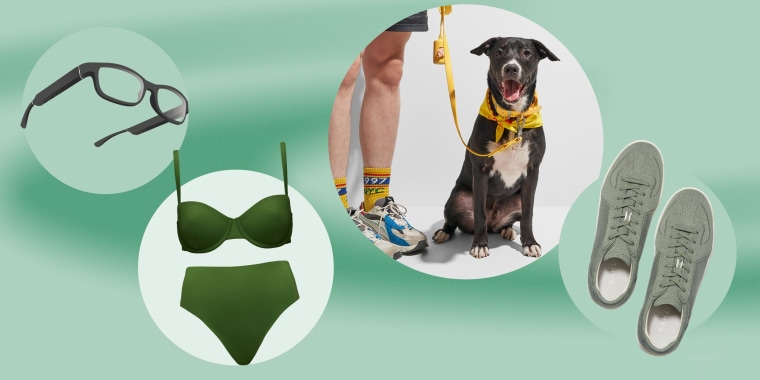 Illustration of the new CUUP swimwear line in green, a dog wearing the new Wild One items in yellow, Rothy's new shoes for Men and the new Echo glasses from Amazon