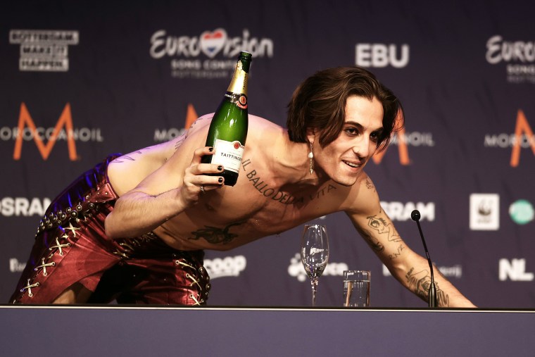 Damiano David of Maneskin from Italy celebrates as they receive the winning trophy for the song "Zitti E Buoni" during the 65th Eurovision Song Contest grand final held on May 22, 2021 in Rotterdam, Netherlands.