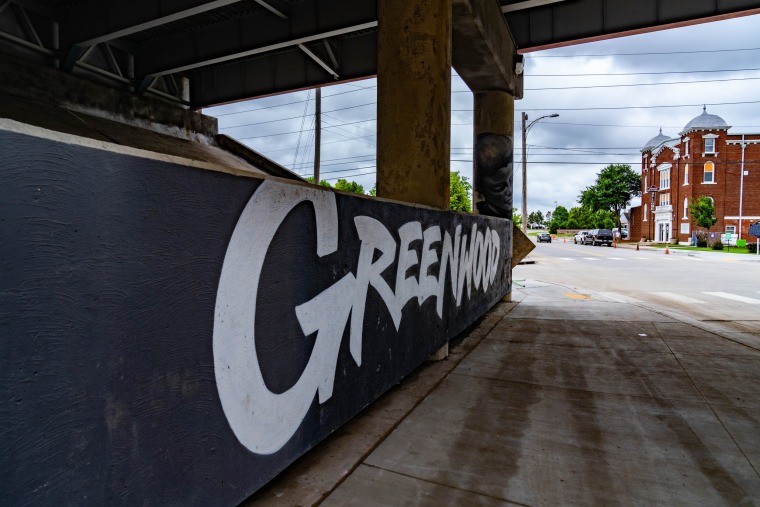 Image: The Vernon AME Church on the other side of the I-244 overpass that divides Greenwood.