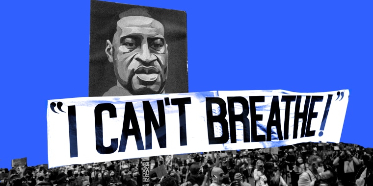 Photo collage: A placard with George Floyd's portrait above a crowd and a sign that reads,\"I can't breathe\".