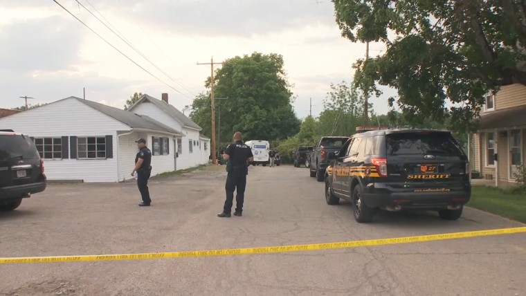 Police respond to the scene of a shooting in West Jefferson, Ohio, on May 24, 2021.