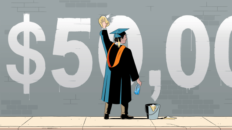 Illustration of a man in a graduation cap and gown wiping away $50,000 written on a wall.