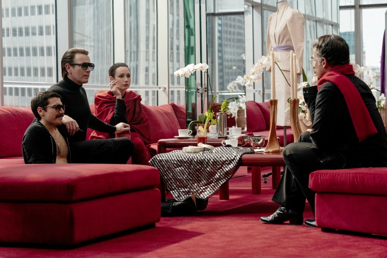 Gian Franco Rodriguez as Victor Hugo, Ewan McGregor as Halston, Rebecca Dayan as Elsa Peretti, David Pittu as Joe Eula in "Halston" on Netflix.