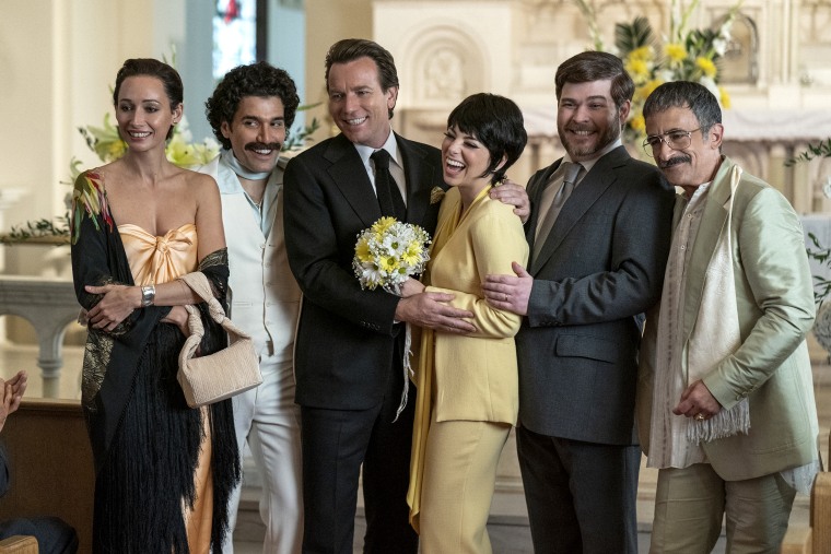 Rebecca Dayan as Elsa Peretti, Gian Franco Rodriguez as Victor Hugo, Ewan McGregor as Halston, Krysta Rodriguez as Liza Minelli, Jonathan Wagner as Jack Haley and David Pittu as Joe Eula in "Halston" on Netflix.