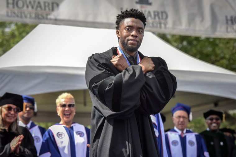 Actor Chadwick Boseman gives a Wakanda salute to the crowd as Howard University holds its' commencement ceremonies on May 12, 2018 in Washington, DC.