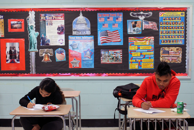 Image: High schoolers in a social studies class work on a lesson about the history of nationalism.